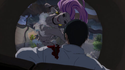 Anime Horror Girl with Purple Hair and Injured Man Desktop Wallpaper