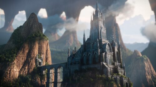Majestic Gothic Fantasy Castle Amidst Floating Mountains PC Wallpaper