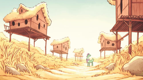 Whimsical Cartoon Village with Cute Green Creature Desktop Wallpaper