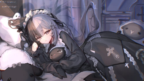 Sad Anime Maid Girl With Cute Plushies Aesthetic PC Wallpaper