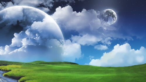 Surreal Alien Landscape with Dual Moons and Lush Green Fields PC Wallpaper