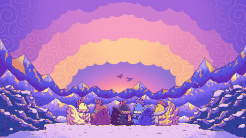 Whimsical Cartoon Chickens in Snowy Mountain Landscape 4K Wallpaper