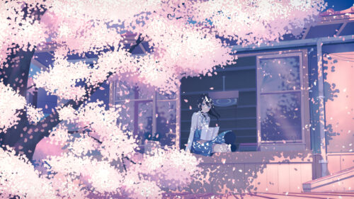 Anime Girl Reading Under Cherry Blossom Tree Desktop Wallpaper