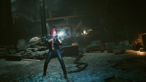 Cyberpunk 2077 V with Pink Hair Shooting Gun Desktop Wallpaper