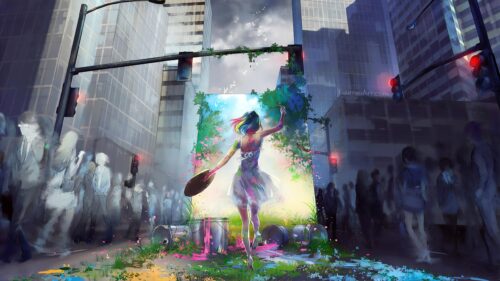 Girl Painting Nature in a Gray Cityscape Digital Art 4K Wallpaper