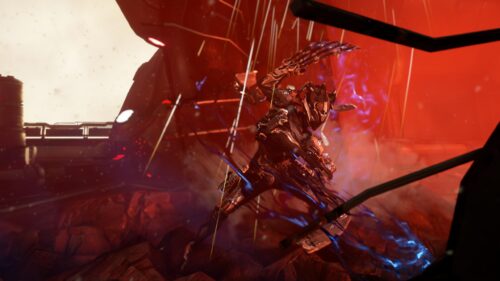 Warframe Valkyr Action Pose in Intense Red Sci-Fi Environment 4K Wallpaper