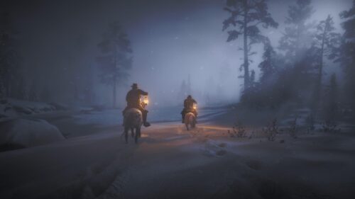 Red Dead Redemption 2 Cowboys Riding Horses in Snowy Night PC Wallpaper