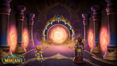 World of Warcraft Heroes Facing the Golden Portal 4K Wallpaper