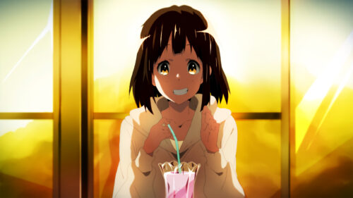 Anime Girl Drinking Strawberry Milk in Golden Sunset Aesthetic PC Wallpaper