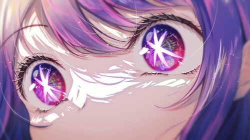 Stunning Anime Girl Eyes with Galaxy and Fireworks Reflection PC Wallpaper