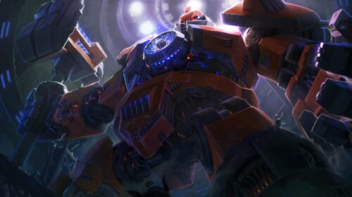 Massive Orange Battle Mech Cyberpunk Robot 4K Wallpaper