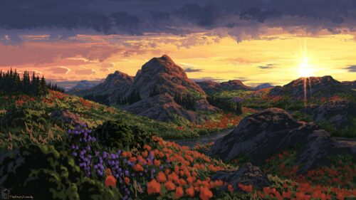 Stunning Sunset Mountain Landscape with Wildflowers Digital Art 4K Wallpaper