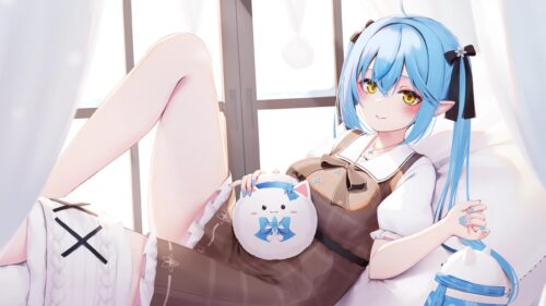 Anime Girl with Blue Hair and Plushie Near Snowy Window 4K Wallpaper