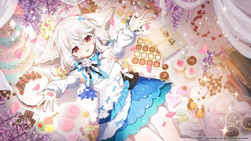 Anime Girl With White Hair and Cat Ears Surrounded by Sweets 4K Wallpaper