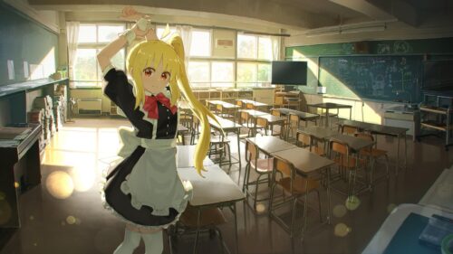 Anime Girl in Maid Outfit Classroom Sunset Scene 4K Desktop Wallpaper