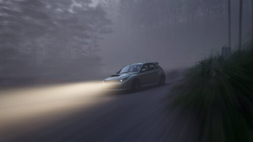 Subaru Impreza WRX STI Driving Through Misty Forest Road 4K Wallpaper