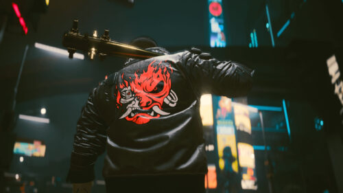 Cyberpunk Samurai Jacket Character with Gold Baseball Bat PC Wallpaper