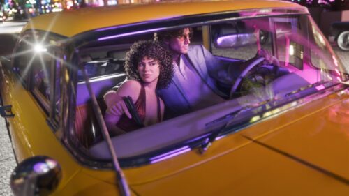 Cinematic Retro Couple in Yellow Vintage Car Neon Night PC Wallpaper