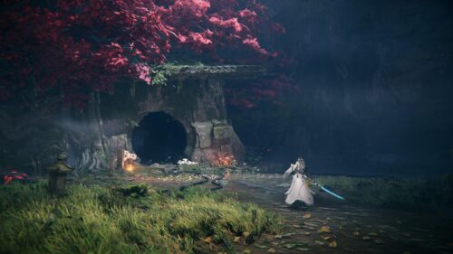 Warrior in White Facing Ancient Stone Gate with Red Maple Trees PC Wallpaper
