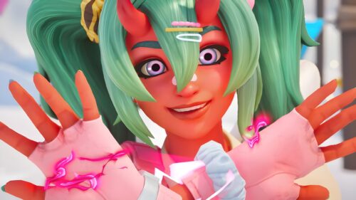 Cute Anime Girl with Green Hair and Red Horns 4K Desktop Wallpaper