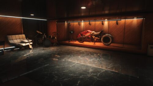 Futuristic Red Concept Motorcycle in Luxury Garage PC Wallpaper