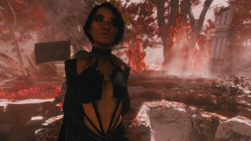 Mysterious Warrior Woman in Enchanted Red Forest 4K Wallpaper