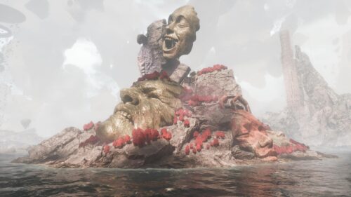 Surreal Stone Head Sculptures in Ethereal Landscape 4K PC Wallpaper