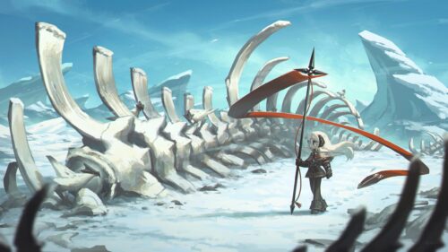 Anime Girl With Spear Standing Before Giant Skeleton in Snowy Landscape PC Wallpaper