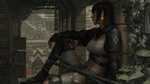 Cyberpunk Samurai Girl Looking Over Futuristic Cityscape 4K Wallpaper
