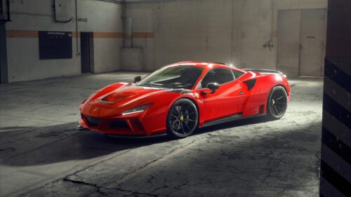 Stunning Red Ferrari F8 Tributo in Industrial Garage Desktop Wallpaper