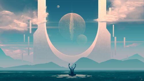 Surreal Sci-Fi Meditation Landscape with Giant Portal and Planets 4K Wallpaper
