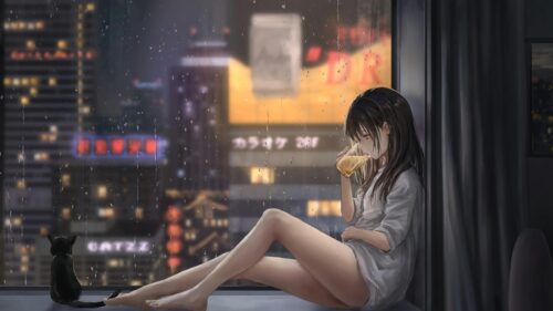 Anime Girl Drinking by Rainy City Window 4K PC Wallpaper