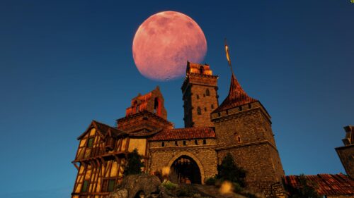 Medieval Stone Castle Under a Giant Red Moon 4K Desktop Wallpaper