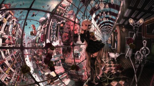 Anime Girl in Futuristic Steampunk Cityscape Desktop Wallpaper