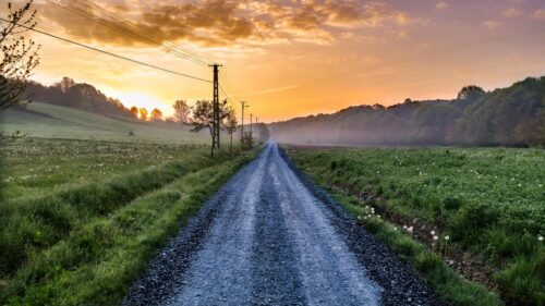 Beautiful Countryside Gravel Road at Golden Sunset Desktop Wallpaper