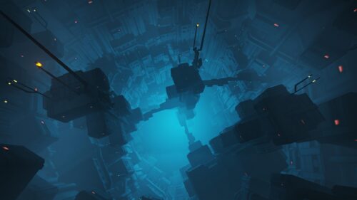 Futuristic Sci-Fi Megastructure Abyss with Glowing Blue Lights Desktop Wallpaper