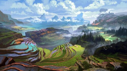Breathtaking Fantasy Landscape with Terraced Rice Fields and Majestic Mountains Desktop Wallpaper