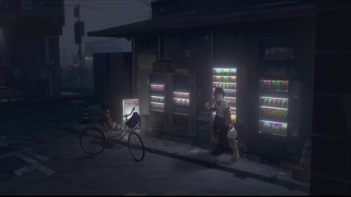 Anime Girl at Vending Machines in Foggy Night 4K Wallpaper