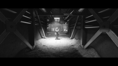 Lone Soldier in Industrial Military Bunker Black and White PC Wallpaper