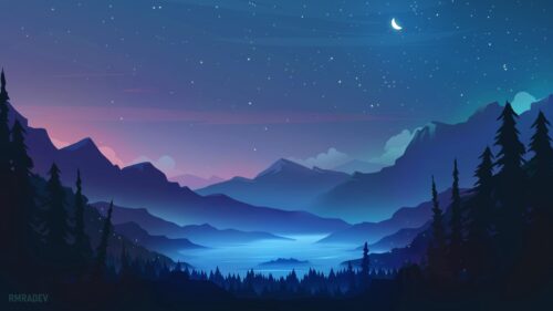 Minimalist Night Landscape with Crescent Moon and Mountains 4K Wallpaper
