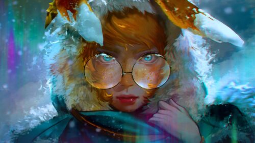 Anime Girl in Winter Fur Hood with Glowing Glasses 4K PC Wallpaper