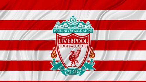 Liverpool FC Official Logo on Red and White Flag Desktop Wallpaper