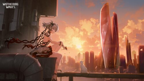 Wuthering Waves Anime Girl with Cat at Sunset Cityscape 4K Wallpaper