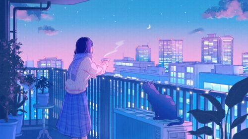 Anime Girl With Cat Watching City Sunset Balcony View 4K Wallpaper