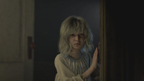 Mysterious Blonde Girl Peeking From Doorway Dark Atmosphere 4K Wallpaper