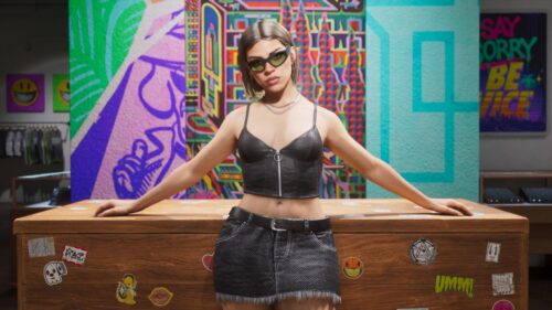 Stylish Girl in Urban Graffiti Clothing Store Desktop Wallpaper