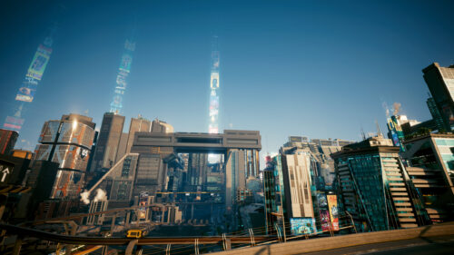 Futuristic Cyberpunk Megalopolis Cityscape Under Bright Blue Sky 4K Wallpaper