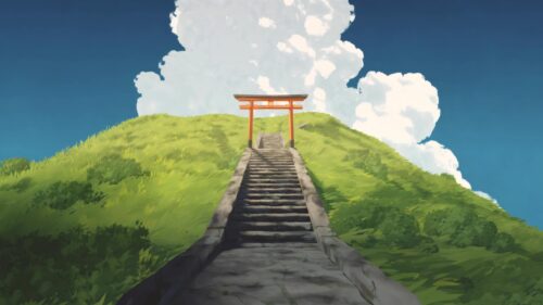 Anime Style Torii Gate on Grassy Hillside Desktop Wallpaper