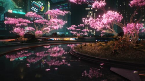Cyberpunk Night City Cherry Blossom Garden 4K PC Wallpaper