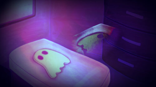Cute Ghost in a Neon Purple Room Aesthetic PC Wallpaper
